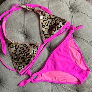Victorias Secret bikini size small w/ sequin cheetah top and hot pink bottoms